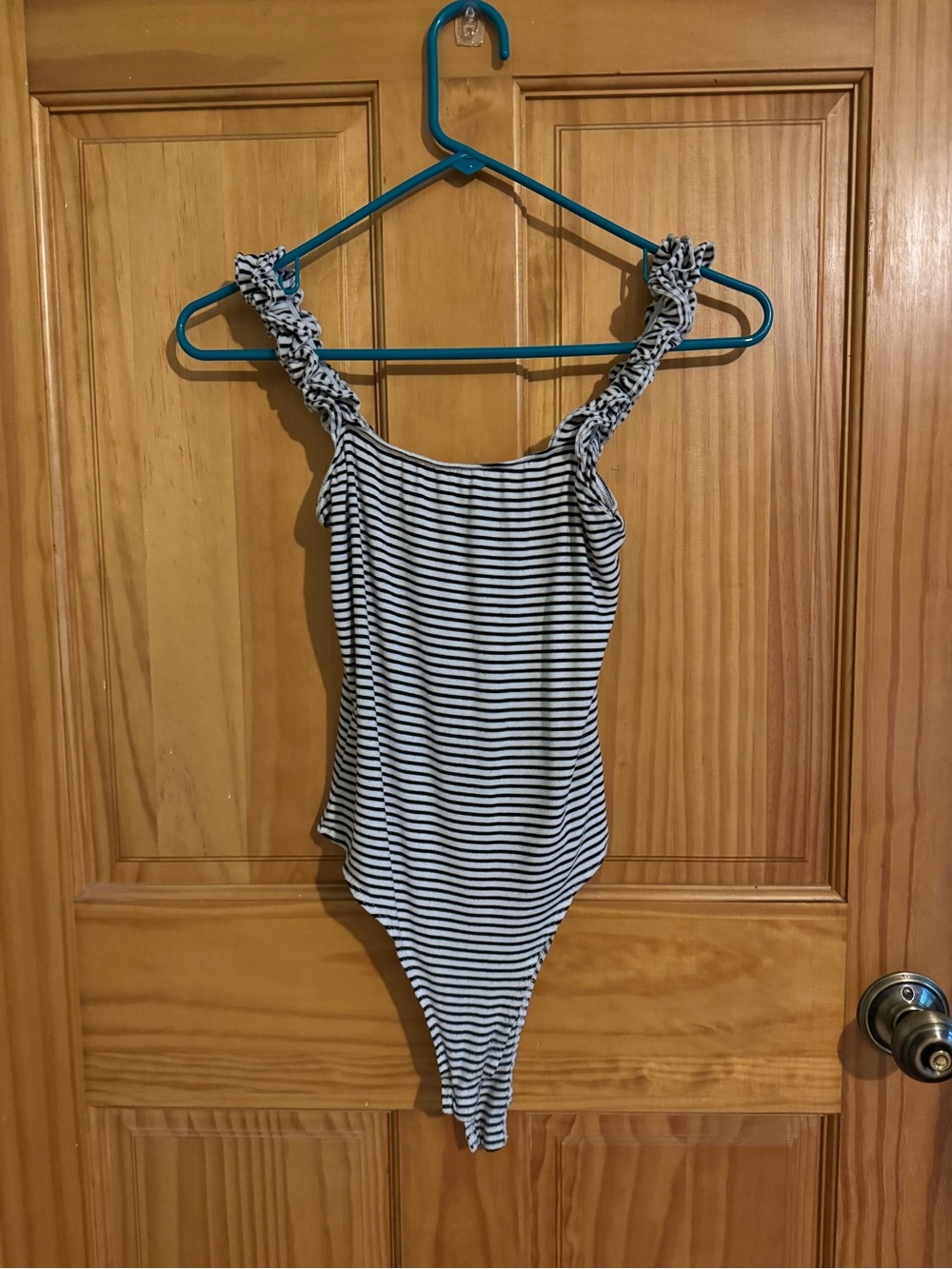 Vestique black and white striped body suit - size medium - ruffle straps
